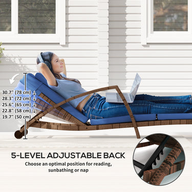 Outsunny Set of 2 Wicker Chaise Lounge Chair Outdoor Patio Lounger with 5 Adjustable Back, Wheels, Cushion and Armrests, Blue