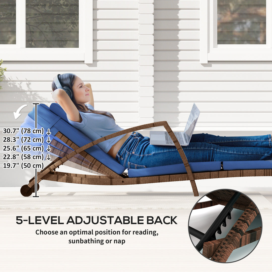 Outsunny Set of 2 Wicker Chaise Lounge Chair Outdoor Patio Lounger with 5 Adjustable Back, Wheels, Cushion and Armrests, Blue