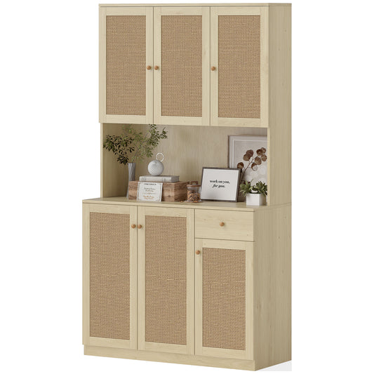 HOMCOM Kitchen Hutch with Microwave Countertop, 71" Boho Kitchen Pantry Cabinet with Decorative Rattan Doors, Natural
