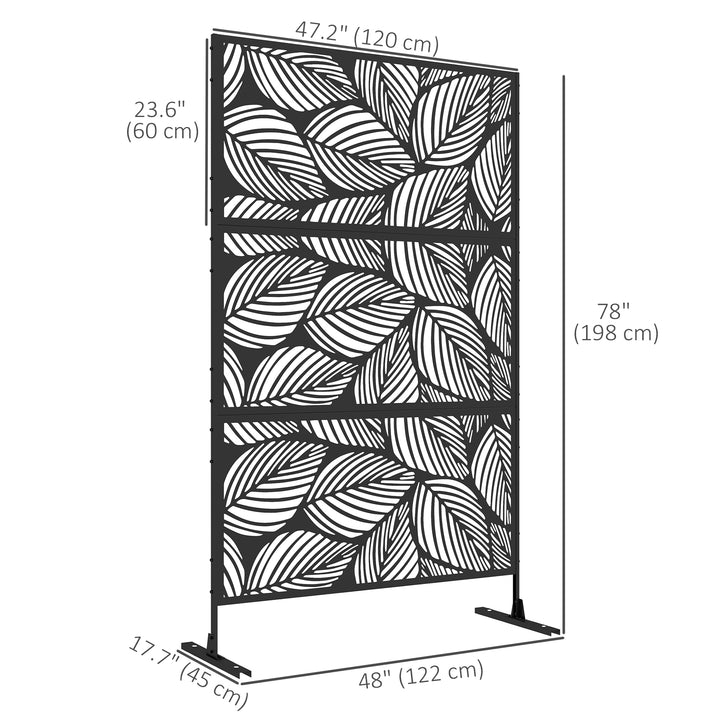 Outsunny 6.5FT Decorative Outdoor Divider, Metal Privacy Screen with Stand, Leaf Style, Black