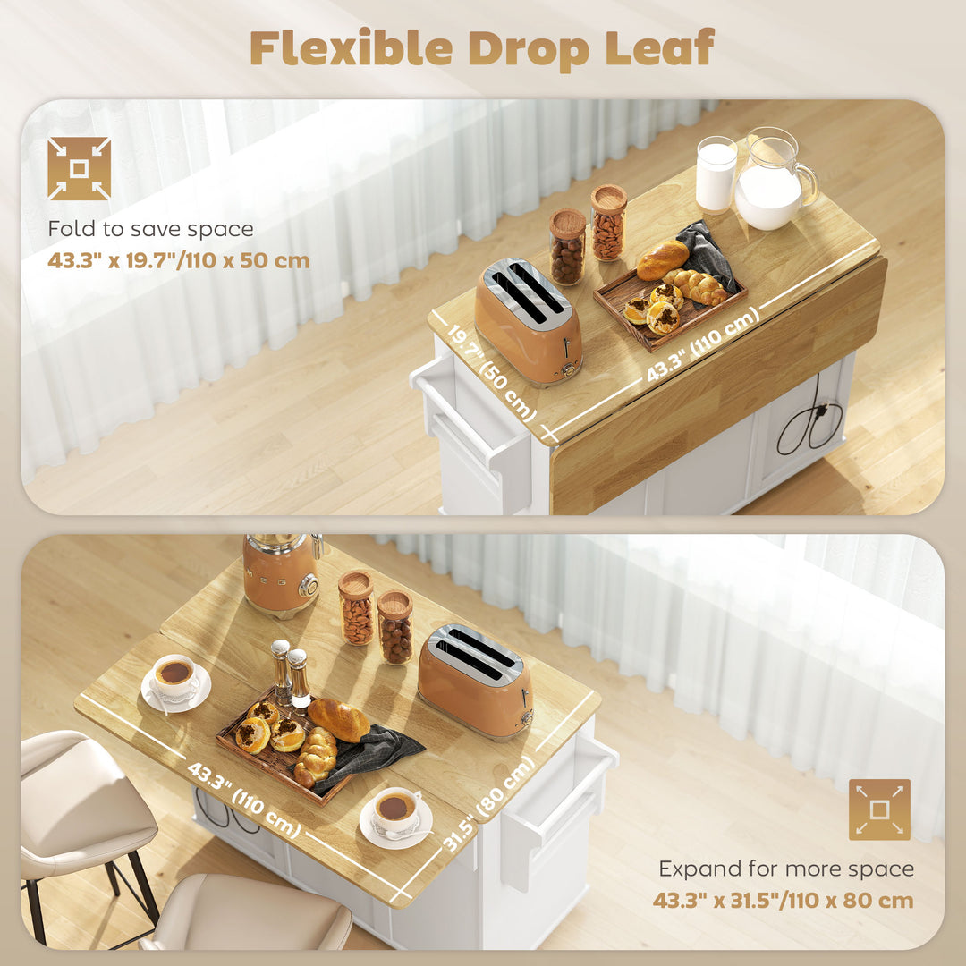 HOMCOM Kitchen Island Cart, Portable Kitchen Island Table with Charging Station, Rubber Wood Drop Leaf, Trash Storage, Black