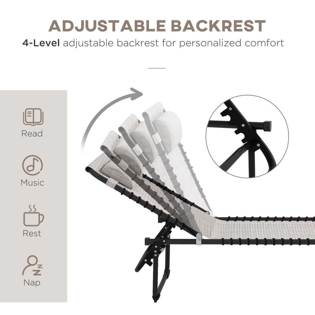 Outsunny Outdoor Folding Lounge Chair, 4-Level Adjustable Chaise Lounge with Headrest, Tanning Chair Beach Bed, Reclining Lounger Cot for Camping, Hiking, Backyard, Cream