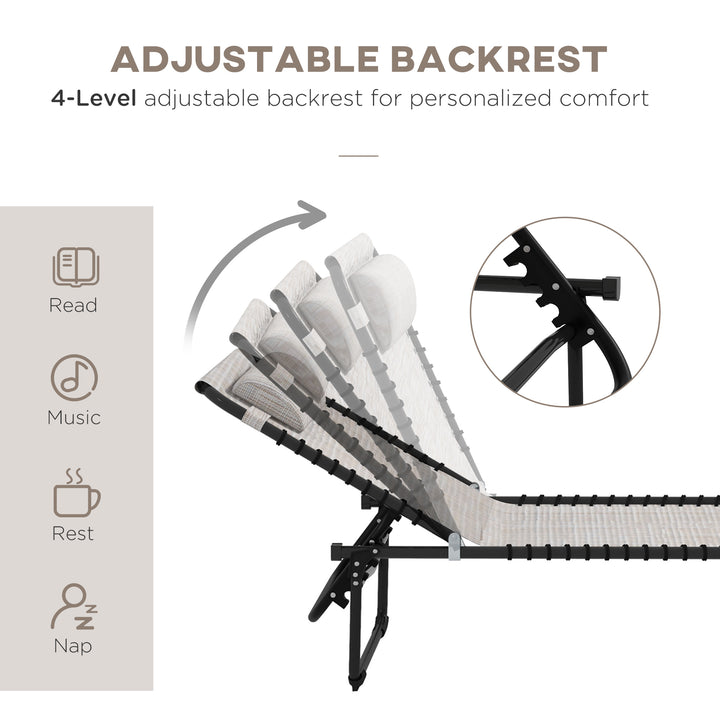 Outsunny Outdoor Folding Lounge Chair, 4-Level Adjustable Chaise Lounge with Headrest, Tanning Chair Beach Bed, Reclining Lounger Cot for Camping, Hiking, Backyard, Cream