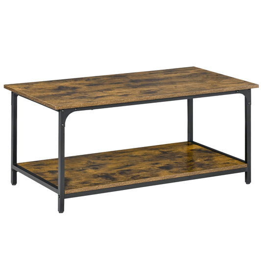 HOMCOM Industrial Coffee Table with Storage Shelf, 2-tier Center Table for Living Room, Rustic Brown