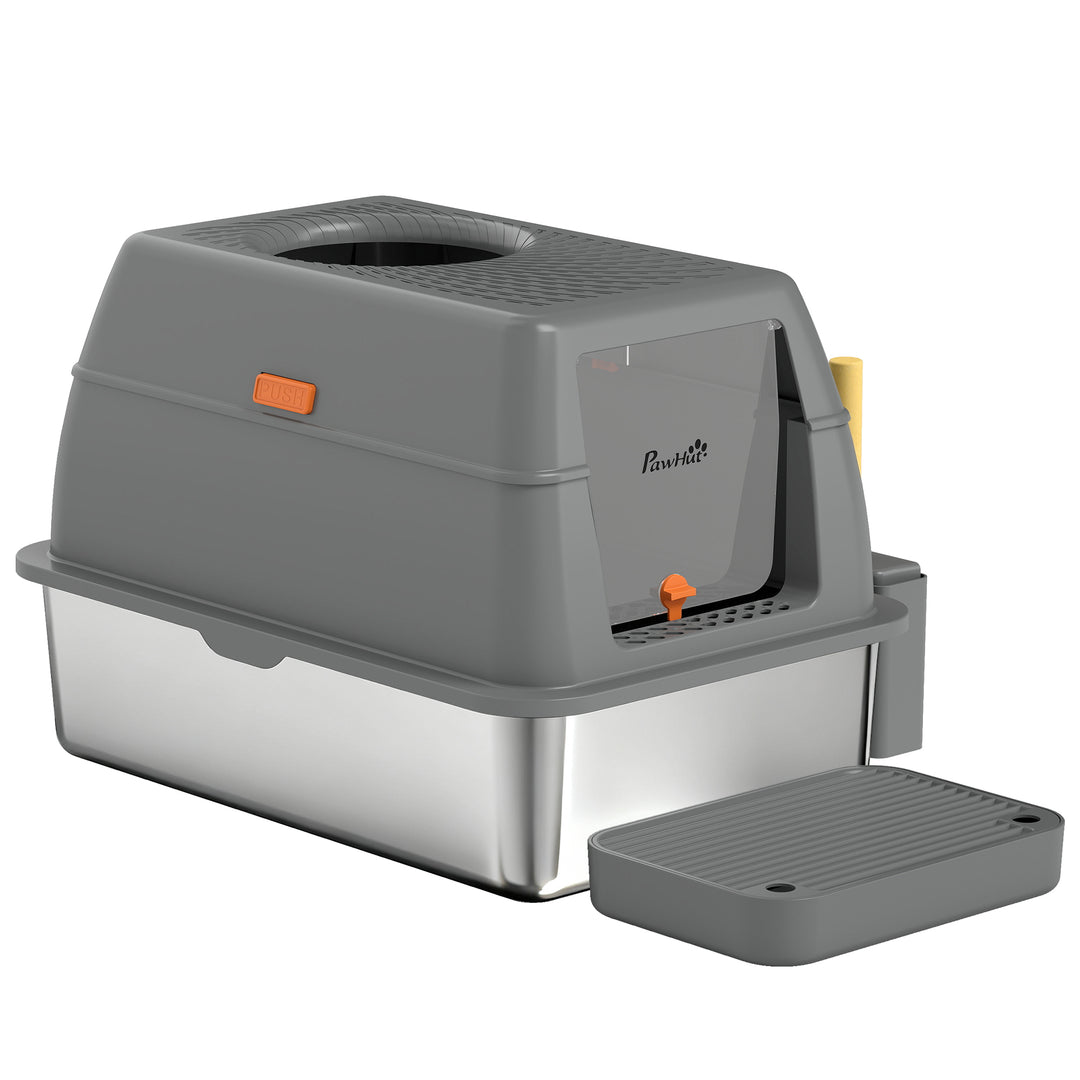 PawHut XL Stainless Steel Cat Litter Box, 80L Kitty Litter Box with Front/Top Entry, Trapping Step, Scoop, for Large Big Cats