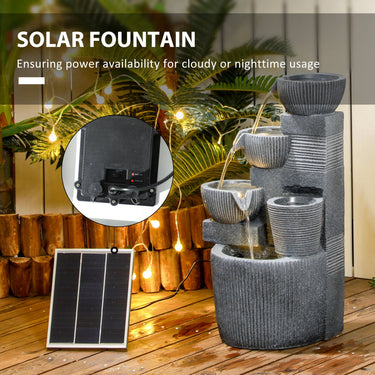 Outsunny Solar Powered Outdoor Water Fountain, 4-Tier Floor Standing Resin Cascading Bowls Waterfall Fountain with LED Lights