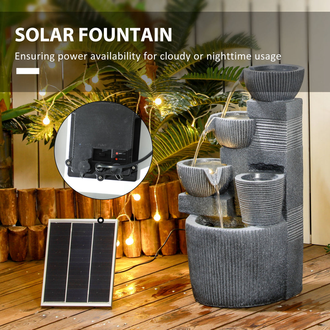 Outsunny Solar Powered Outdoor Water Fountain, 4-Tier Floor Standing Resin Cascading Bowls Waterfall Fountain with LED Lights
