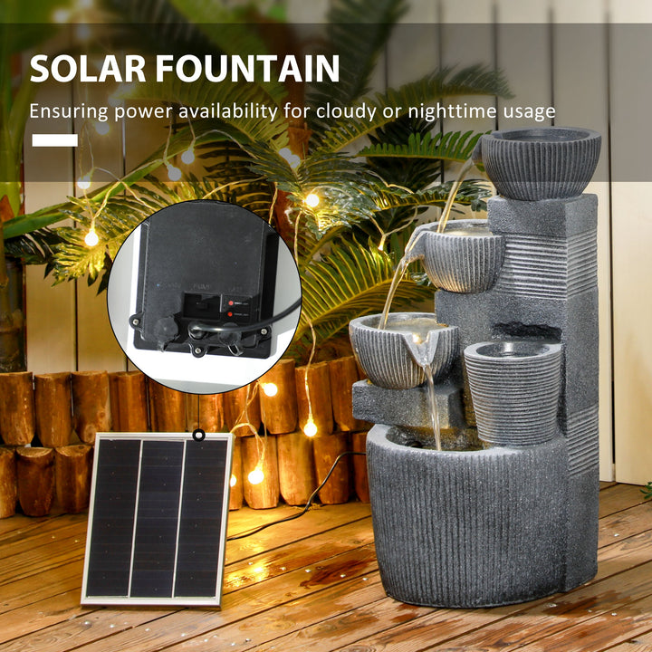 Outsunny Solar Powered Outdoor Water Fountain, 4-Tier Floor Standing Resin Cascading Bowls Waterfall Fountain with LED Lights