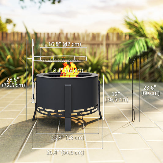 Outsunny Outdoor Fire Pit, Round Firepit with Grill Grate, Fire Bowl with Ash Catcher and Poker for Backyard Camping Bonfire Picnic, Black