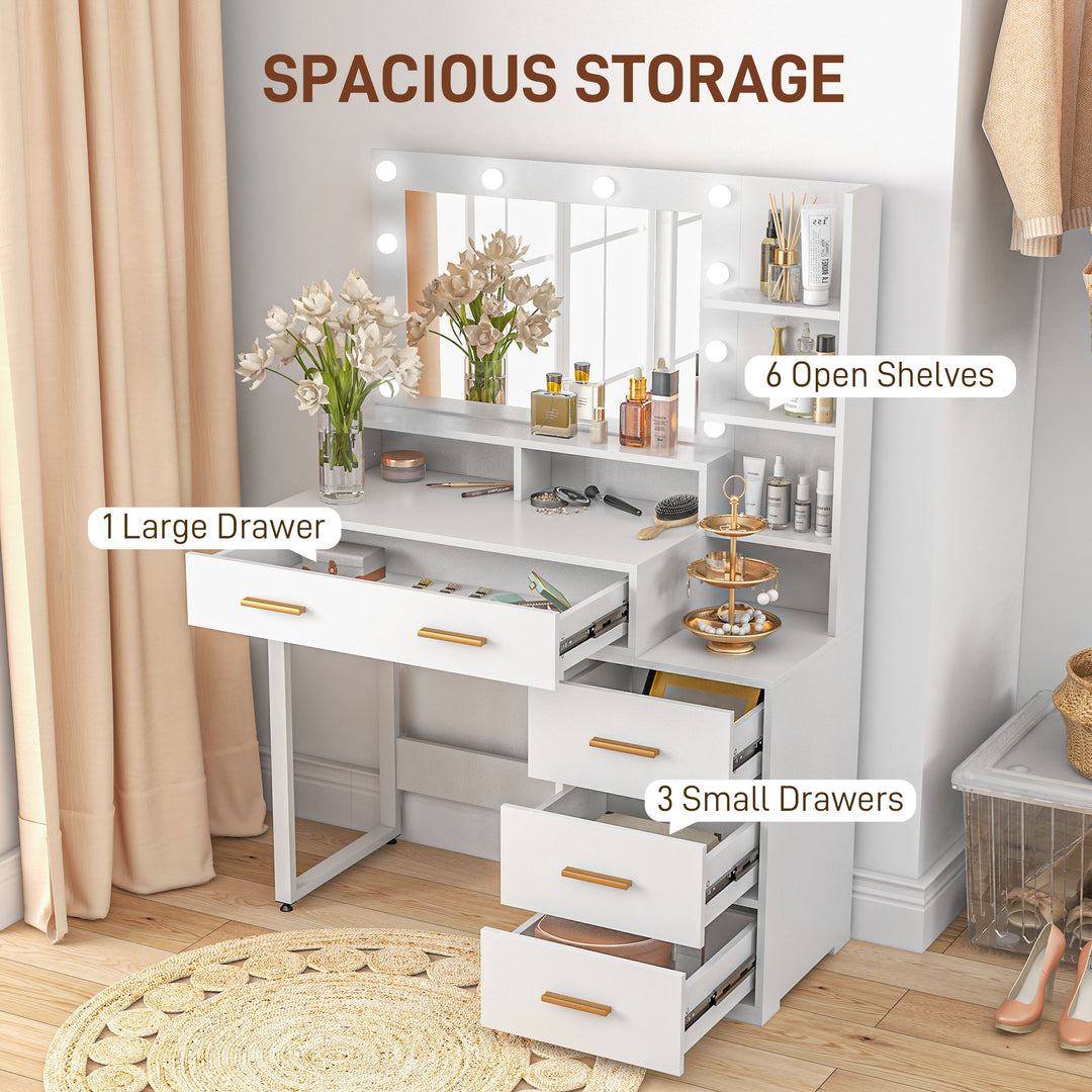 HOMCOM Illuminated Dresssing Table, LED Vanity Table with Mirror, Drawer and Storage Shelves for Bedroom, White
