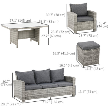 Outsunny 6 Pcs Patio Furniture Set, Rattan Outdoor Furniture Set with 3 Seater Sofa, Armchairs, Footstools and Table, Dark Grey