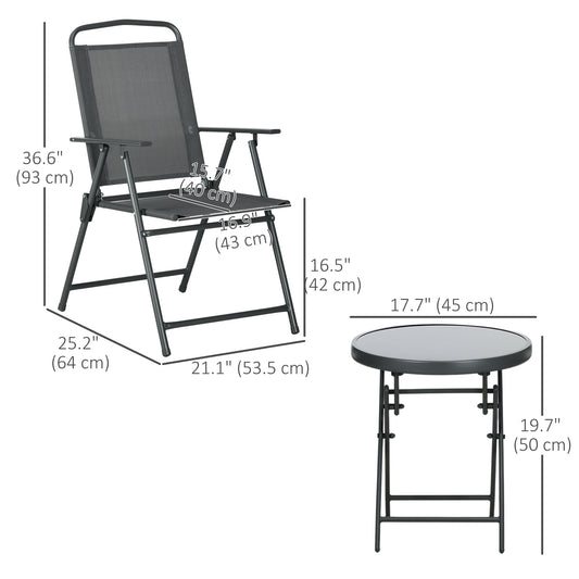 Outsunny 3 Pieces Bistro Set, Foldable Patio Furniture Set with Mesh Chairs, Glass Table for Garden, Balcony, Charcoal Grey