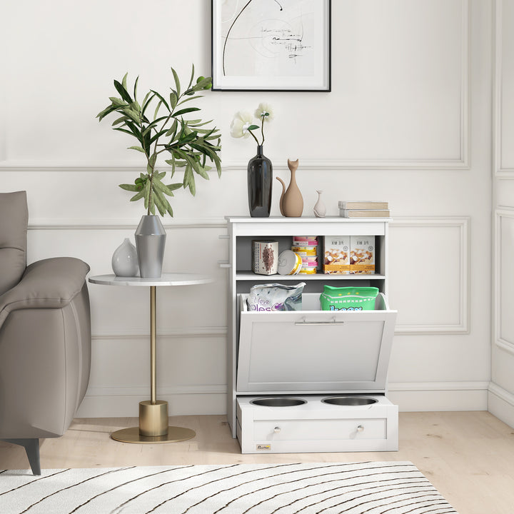 PawHut Pet Feeder Station Storage Cabinet, Dog Food Storage Container with Dog Raised Bowls, Watering Supplies, Gray