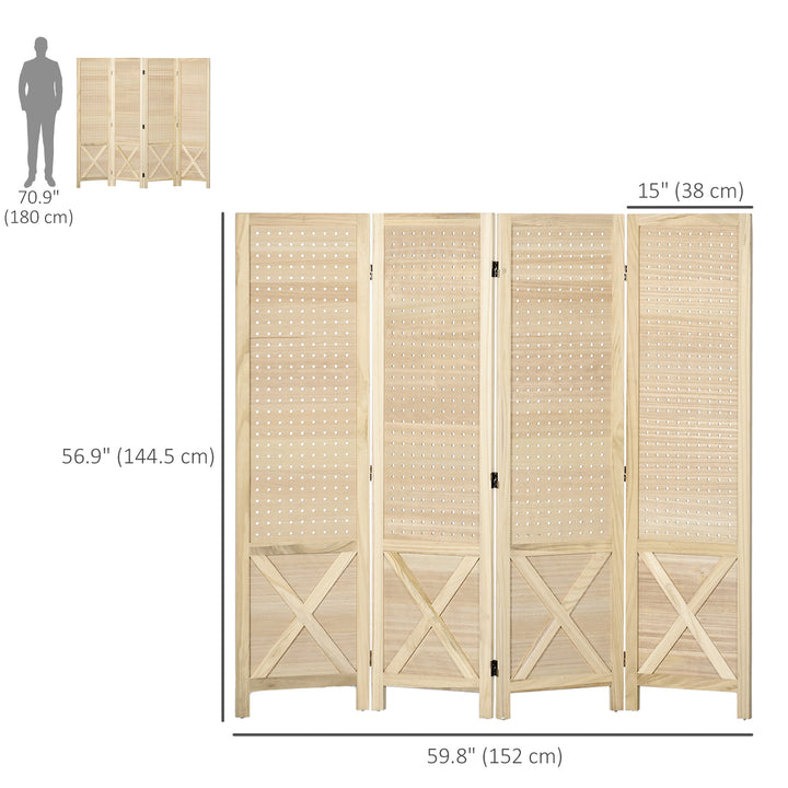 HOMCOM 4.7' 4 Panel Wooden Room Divider with Pegboard Display, Folding Privacy Screen for Home Office, Natural