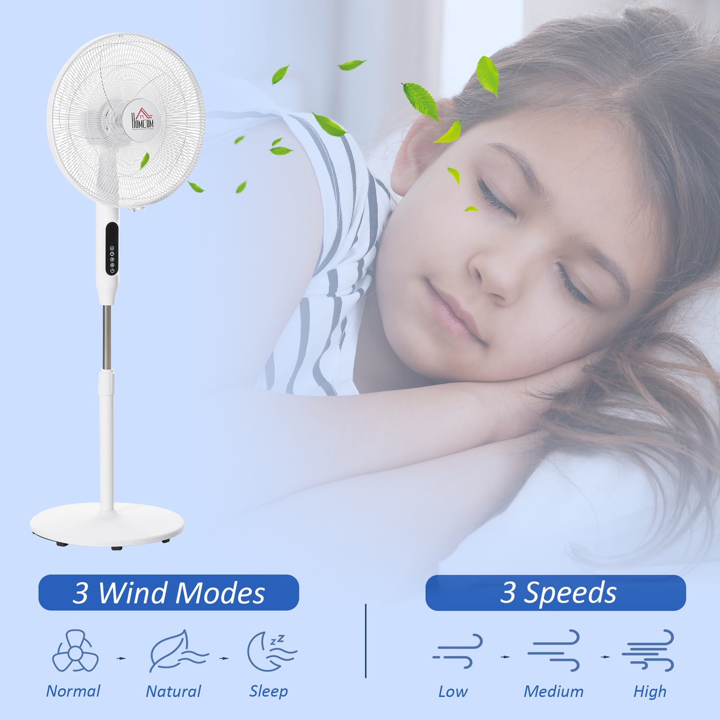 HOMCOM Standing Floor Fan with Remote Control, Stand Up Cooling Fan, Tall Pedestal Electric Fan for Home Bedroom, White