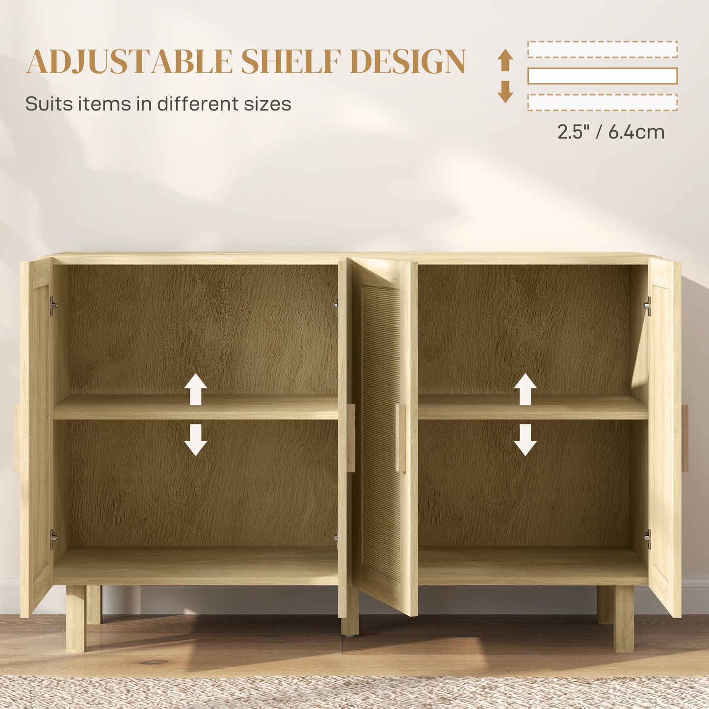 HOMCOM Boho Sideboard Buffet Cabinet, Storage Cabinet with 4 Rattan Doors and Adjustable Shelves, Black