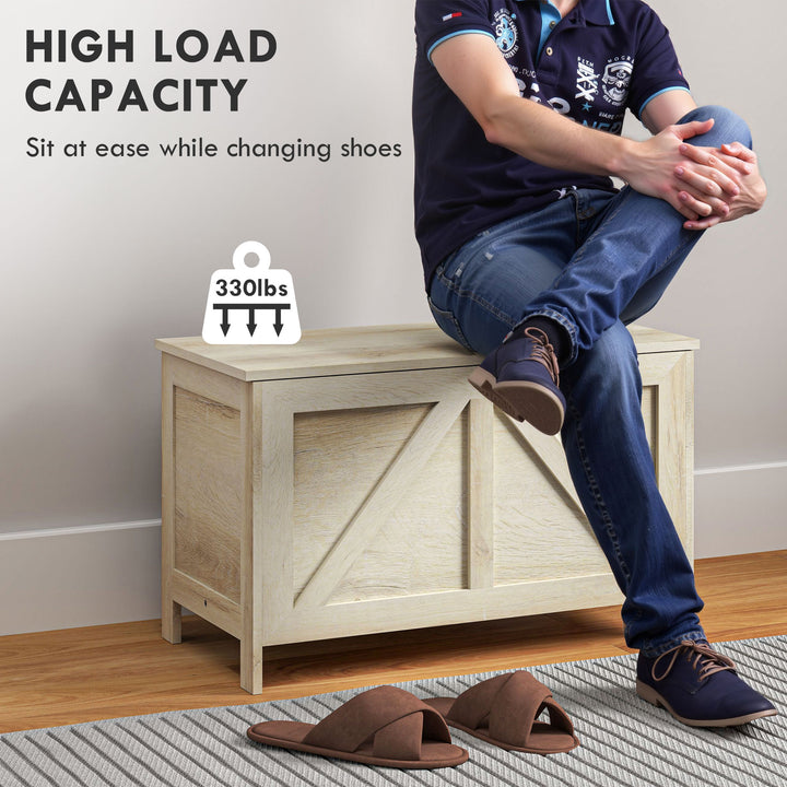 HOMCOM Storage Trunk Box Organizer with Farmhouse Panel Safety Hinge to Open Up 100° Natural