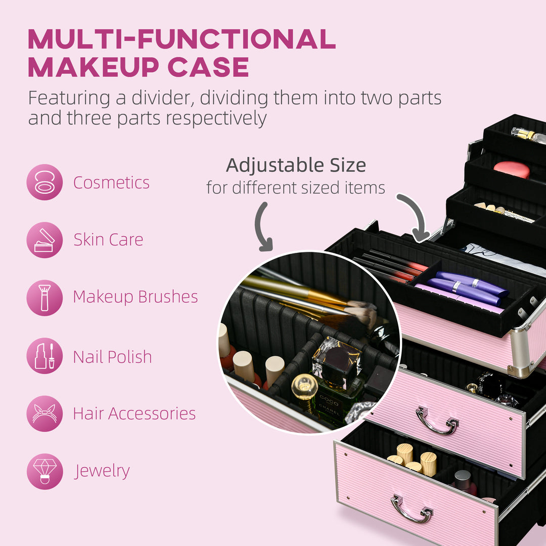 HOMCOM Rolling Makeup Case, Large Storage Cosmetic Trolley, Lockable Traveling Cart Trunk with Folding Trays, Swivel Wheels