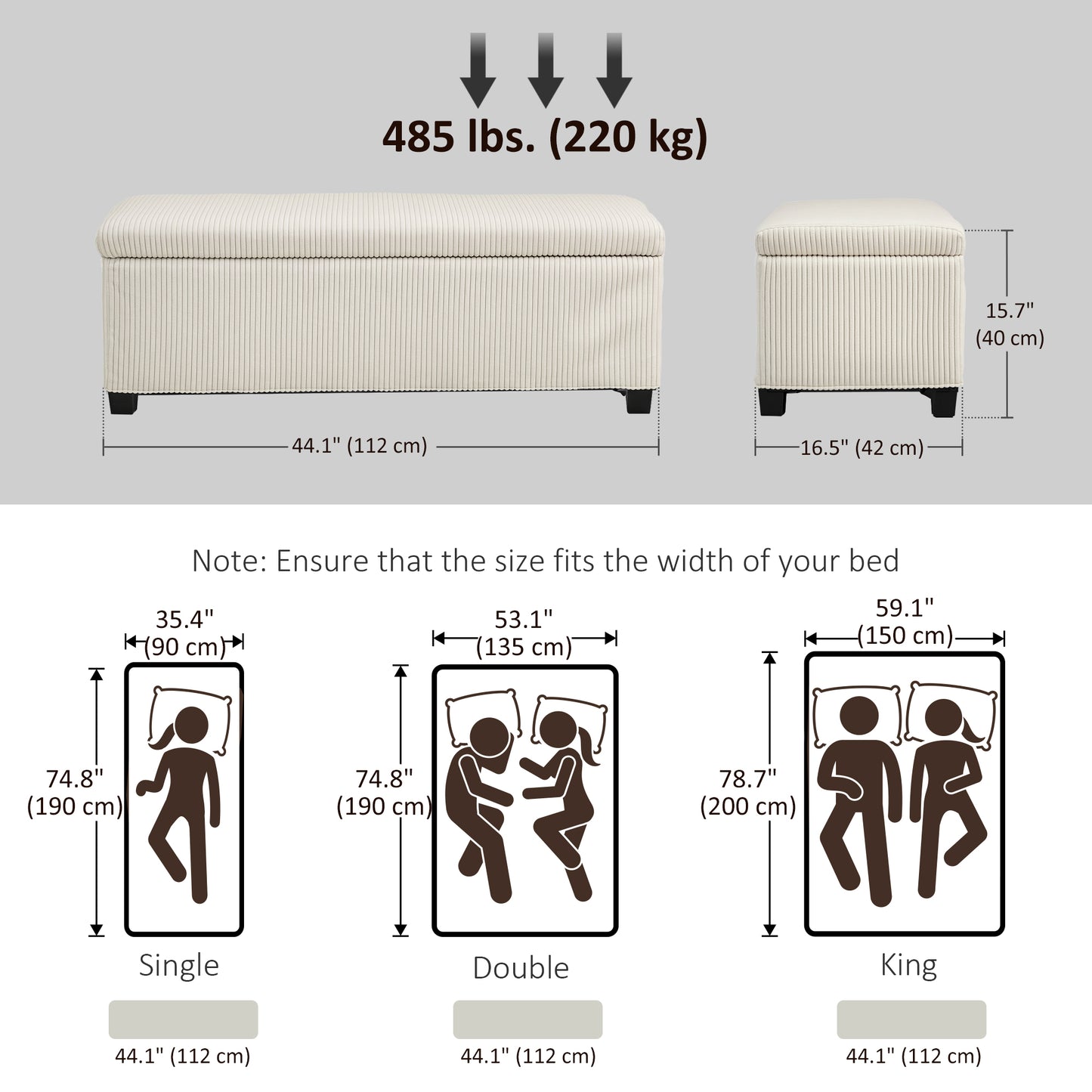 HOMCOM 44 Inches Ottoman with Storage, Lid, Legs, Corduroy End of Bed Bench for Living Room, Bedroom, Entryway, Beige