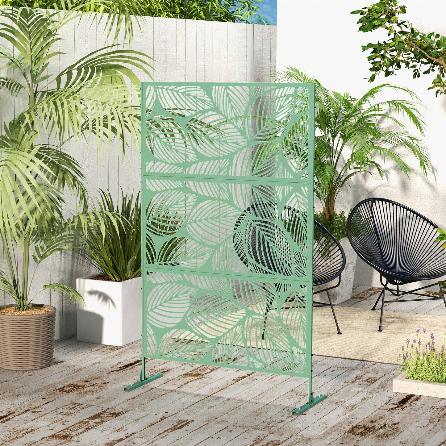 Outsunny 6.5FT Decorative Outdoor Divider, Metal Privacy Screen with Stand, Leaf Style, Light Green