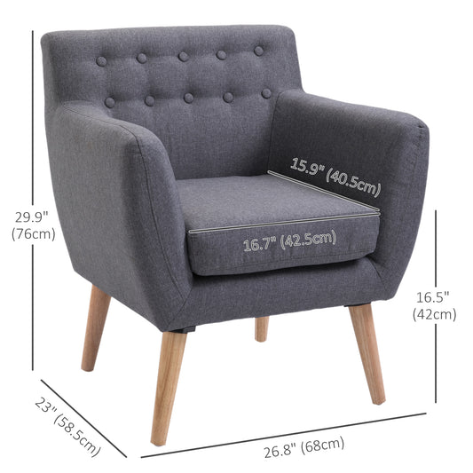 HOMCOM Linen Upholstery Armchair, Mid-Century Modern Accent Chair with Wood Frame and Thick Padding, Light Grey