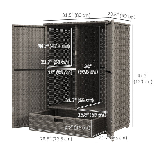 Outsunny Wicker Outdoor Storage Cabinet, 2-Door Rattan Pool Towel Storage Cabinet with Drawer & Removable Shelf, Dark Grey