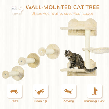 PawHut 4Pcs Cat Wall Shelf with Scratching Posts, Hammock, Steps, Platforms, Cat Shelves for Relaxing, Sleeping, Jumping, Cat Wall Climber for Indoor Cats, Beige