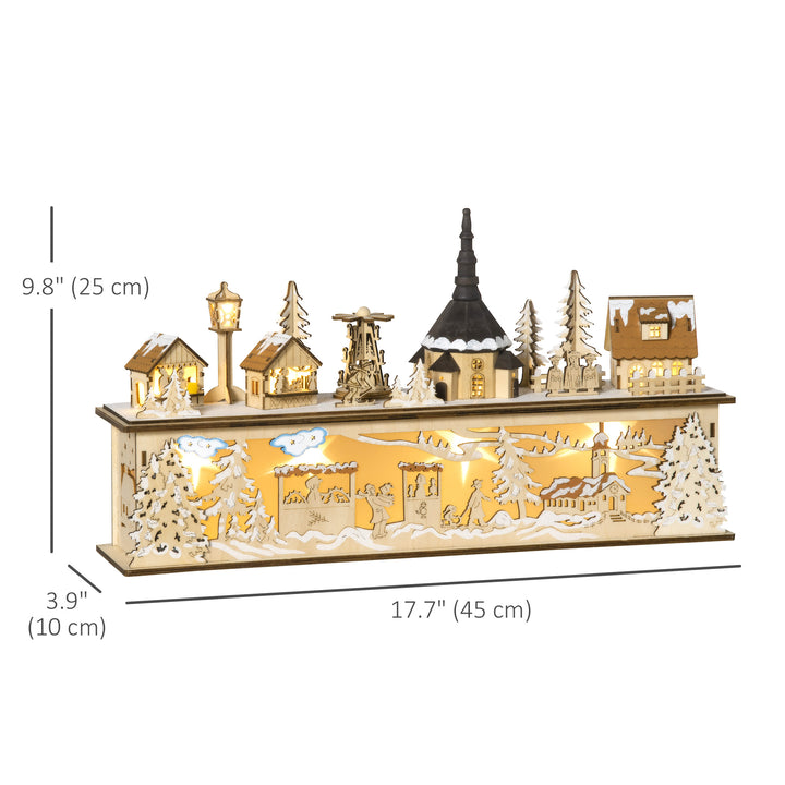 HOMCOM Desktop Christmas Decoration, Christmas Village Houses with Church, Windmill Battery Operated, Natural Wood
