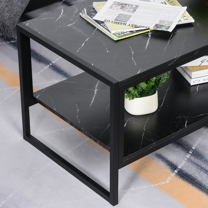 HOMCOM 2-Tier Coffee Table with Storage Shelf, Cocktail Table with Marble Textured Table Top, for Living Room Bedroom Dorm, Black