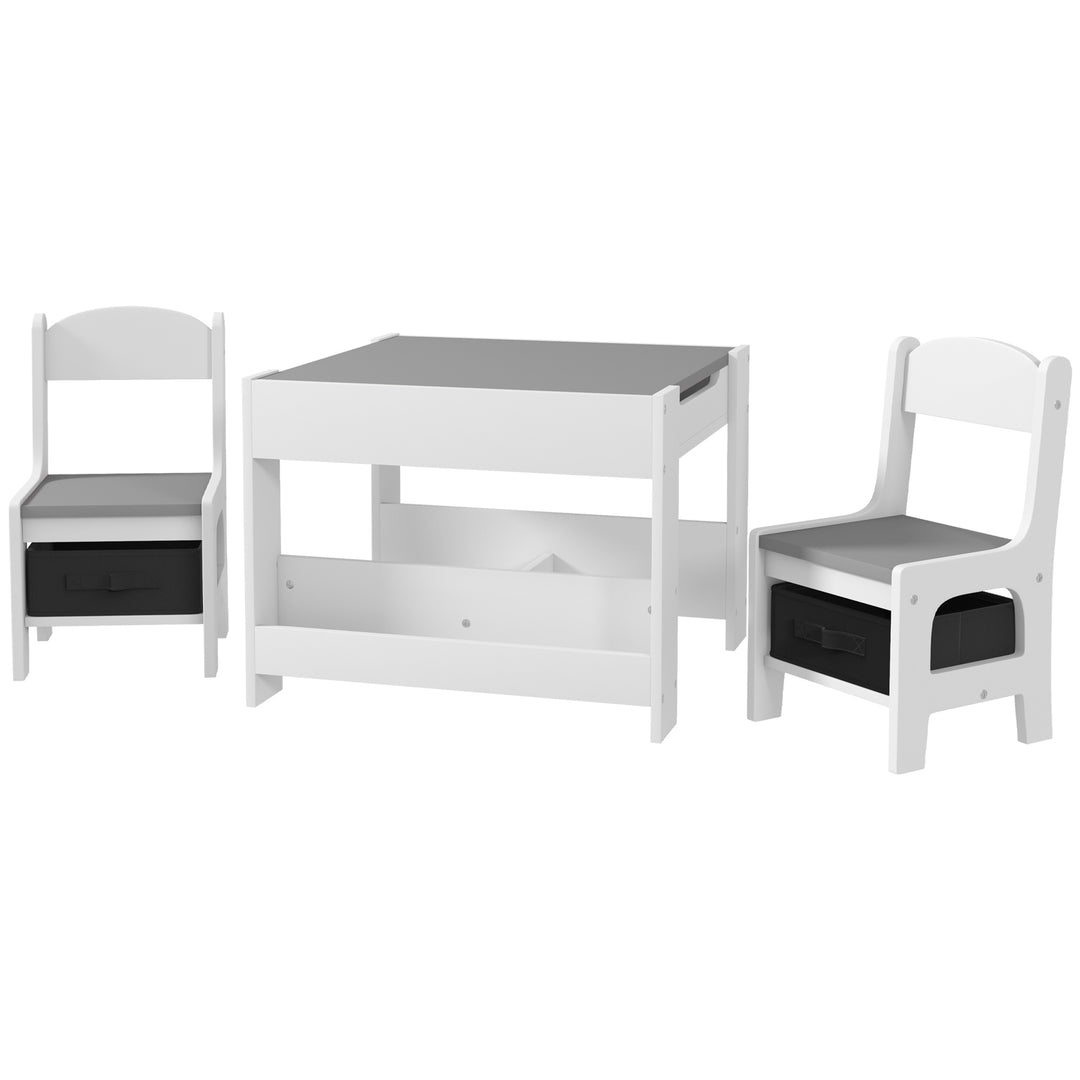 Qaba 3 Piece Kids Table and Chair Set with Reversible Tabletop, Blackboard, Storage, Bookshelf, for Playroom, Nursery, Grey