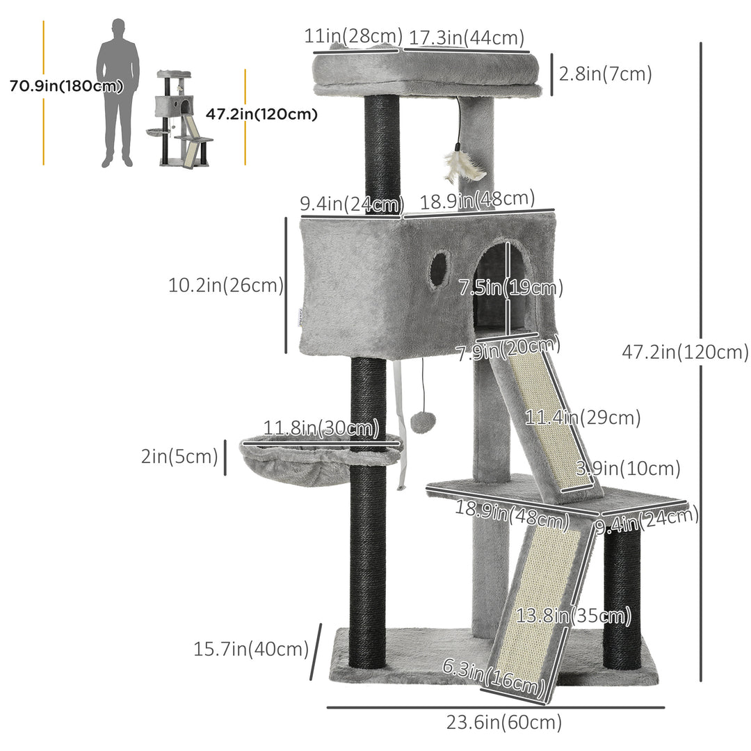 PawHut 47" Cat Tree for Indoor Cats, Kitty Activity Center, Cat Tower with Cat Ear Bed Ramp Condo Hammock Hanging Ball Toys Sisal Rope Scratching Post, Light Grey