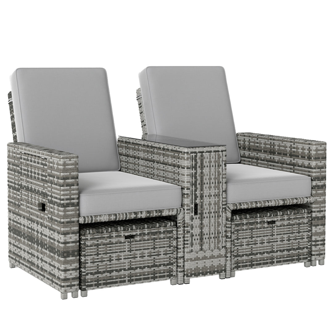 Outsunny 2 Piece Rattan Outdoor Daybed, 2 Seater Sofa Set with Footstool, Storage, Cushions and Pillows for Garden, Patio, Grey