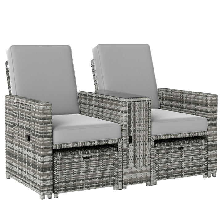 Outsunny 2 Piece Rattan Outdoor Daybed, 2 Seater Sofa Set with Footstool, Storage, Cushions and Pillows for Garden, Patio, Grey
