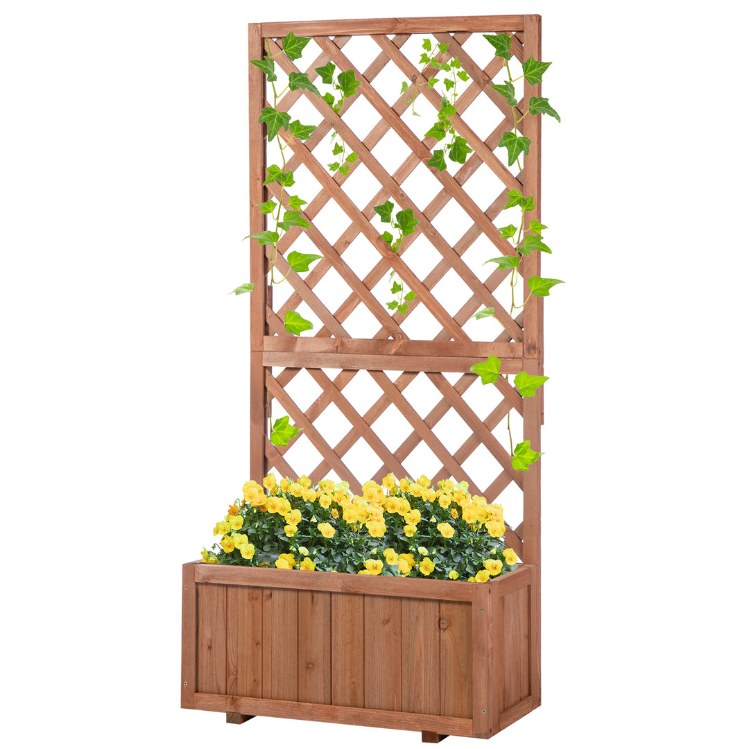 Outsunny 2.4 x 1 x 4.9 ft Garden Wooden Pine Trough Planter with Topped Trellis Climbing Plants Flower Raised Bed, Orange
