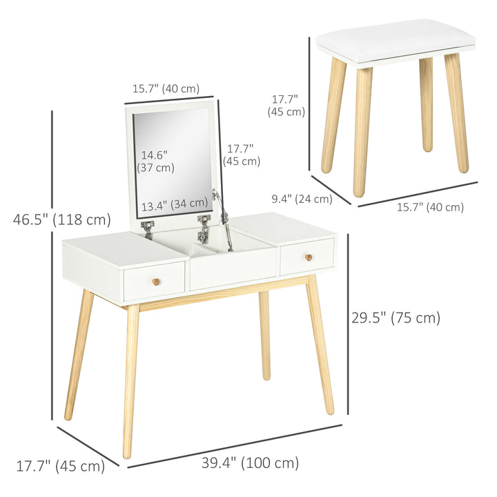 HOMCOM Makeup Vanity Desk with Flip Top Mirror and Cushioned Stool, Dressing Table Writing Desk with 2 Drawers and Storage Grids for Bedroom (White)