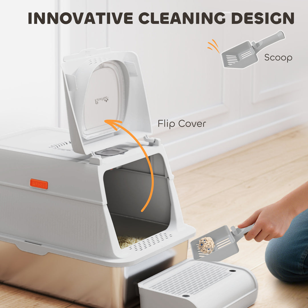 PawHut XL Stainless Steel Cat Litter Box, Kitty Litter Box with Flip Cover, Pedal, Deodorizer, for Big Cats