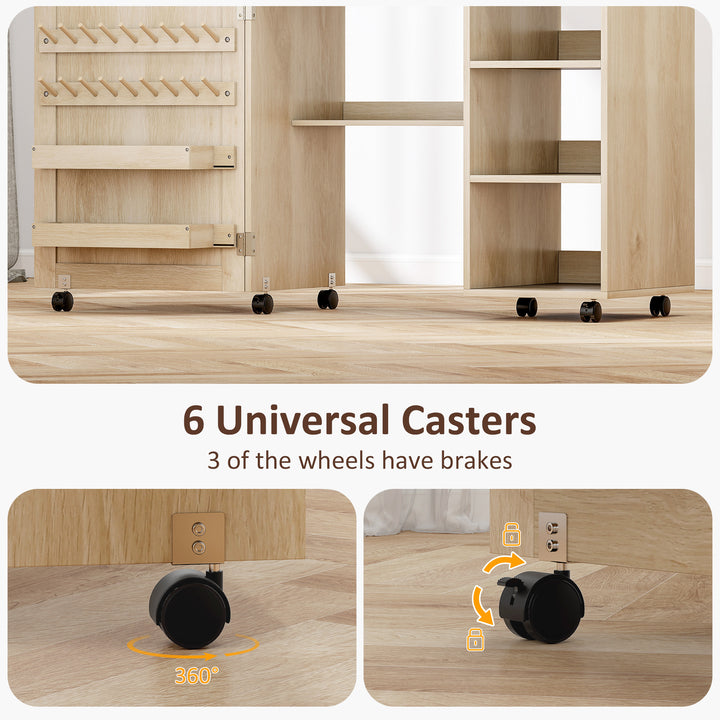 HOMCOM Sewing Machine Table with Drop Leaf, Folding Craft Table Rattan Door and Storage Shelves for Small Spaces, Natural