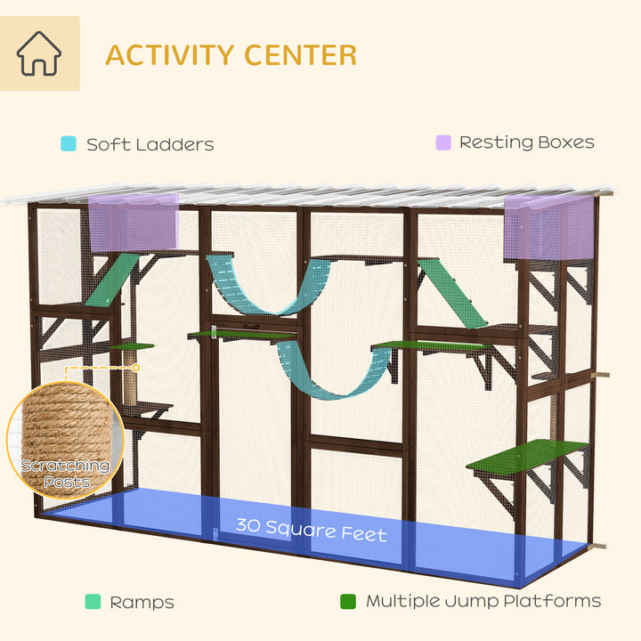 PawHut Large Outdoor Catio with Condos, Platforms, Doors, Ladders, Weather-Resistant Roof, Espresso