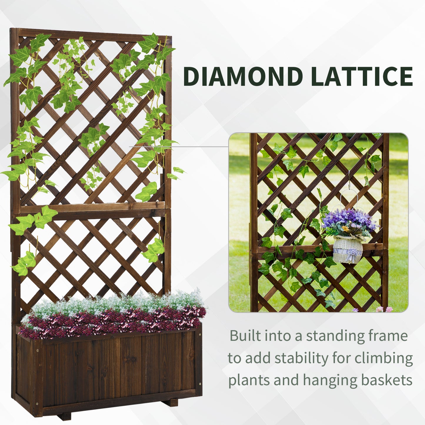 Outsunny 2.4 x 1 x 4.9 ft Garden Wooden Pine Trough Planter with Topped Trellis Climbing Plants Flower Raised Bed, Orange