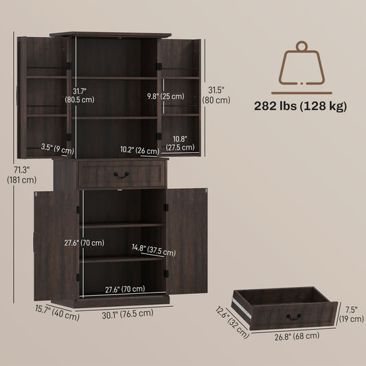 HOMCOM 71" LED Kitchen Pantry Cabinet, Farmhouse Storage Cabinet with Door Shelves, Distressed Brown
