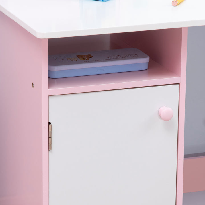 Qaba 2Pcs Kids Desk and Chair Set with Whiteboard, Storage, Shelves, Pink