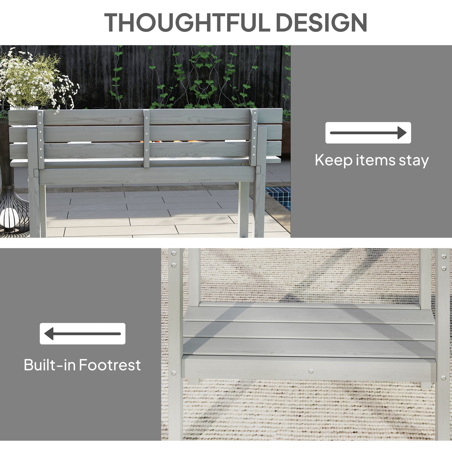 Outsunny 110cm Rectangle Outdoor Bar Table with Built-in Footrest, Slatted Top, Grey