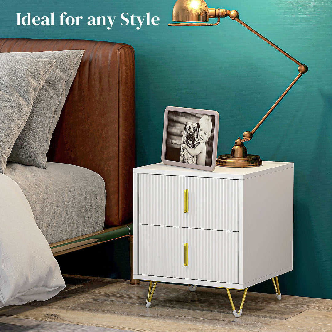 HOMCOM Bedside Table, Modern Nightstand with 2 Drawers, Side End Table with Metal Legs for Living Room, Bedroom, White