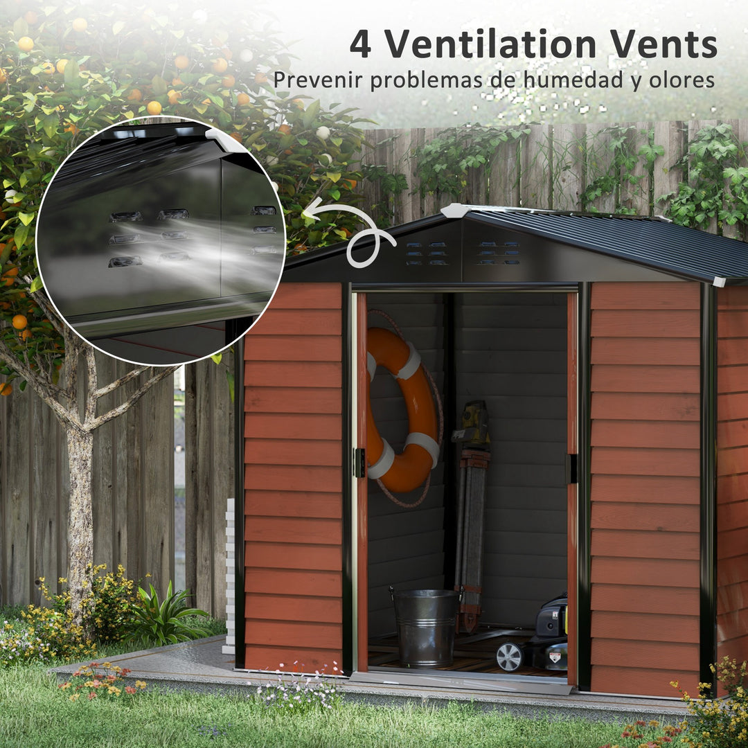 Outsunny 8' x 7' Outdoor Storage Shed, Galvanized Steel Metal Garden Shed with Lockable Doors, Floor Frame, Vents, Lock and Gloves for Backyard, Lawn, Patio, Teak