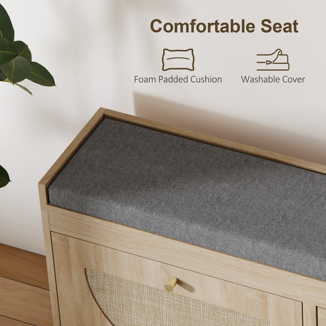 HOMCOM Shoe Bench with Flip Doors, Seat Cushion, Adjustable Shelves for 8 Pairs, Boho Entryway Bench for Bedroom, Natural Wood