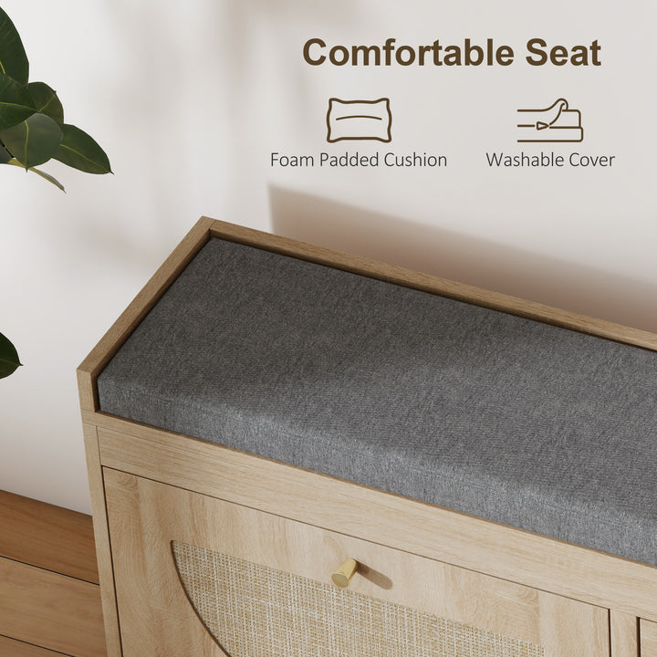 HOMCOM Shoe Bench with Flip Doors, Seat Cushion, Adjustable Shelves for 8 Pairs, Boho Entryway Bench for Bedroom, Natural Wood