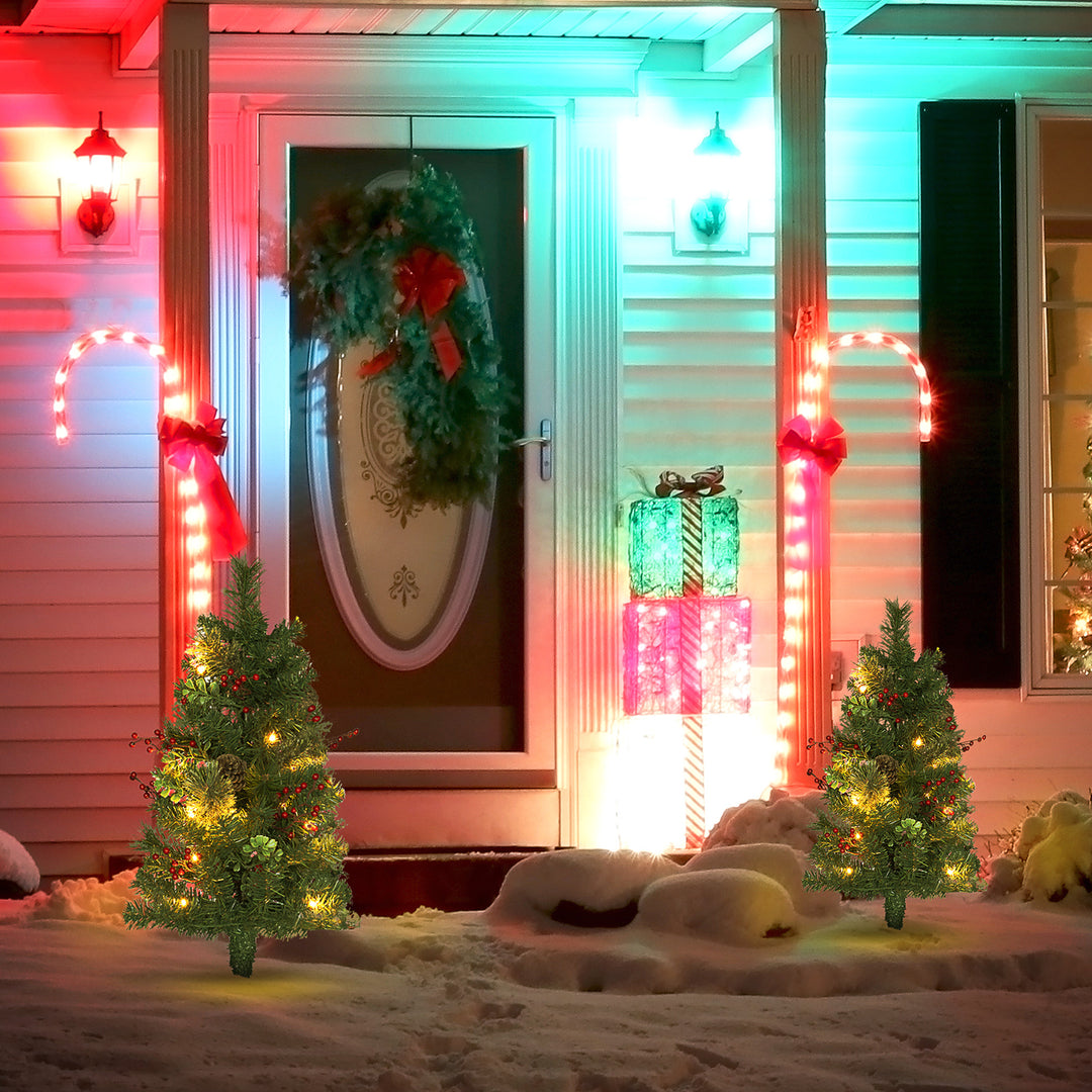 HOMCOM 2ft 2 Pack Artificial Christmas Tree, Pre Lit Christmas Tree with Red Berries and Pine Cones, Battery Operated, Green