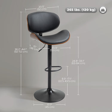 HOMCOM Bar Stools Set of 2, Modern PU Leather Adjustable Swivel Barstools with Curved Back, Footrest and Steel Base, Black