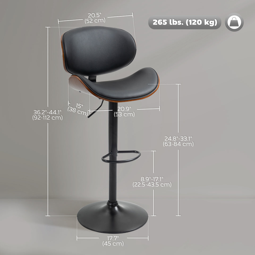 HOMCOM Bar Stools Set of 2, Modern PU Leather Adjustable Swivel Barstools with Curved Back, Footrest and Steel Base, Black