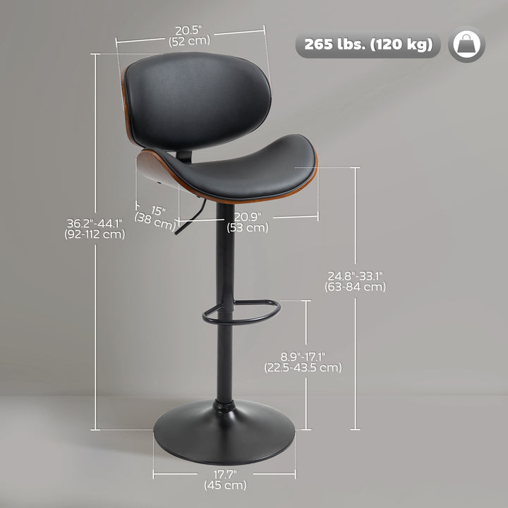 HOMCOM Bar Stools Set of 2, Modern PU Leather Adjustable Swivel Barstools with Curved Back, Footrest and Steel Base, Black